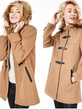 COLE HANN SIGNATURE FAUX-FUR TRIM HOODED DUFFLE COAT WOMENS SZ 14 PETITE NWT